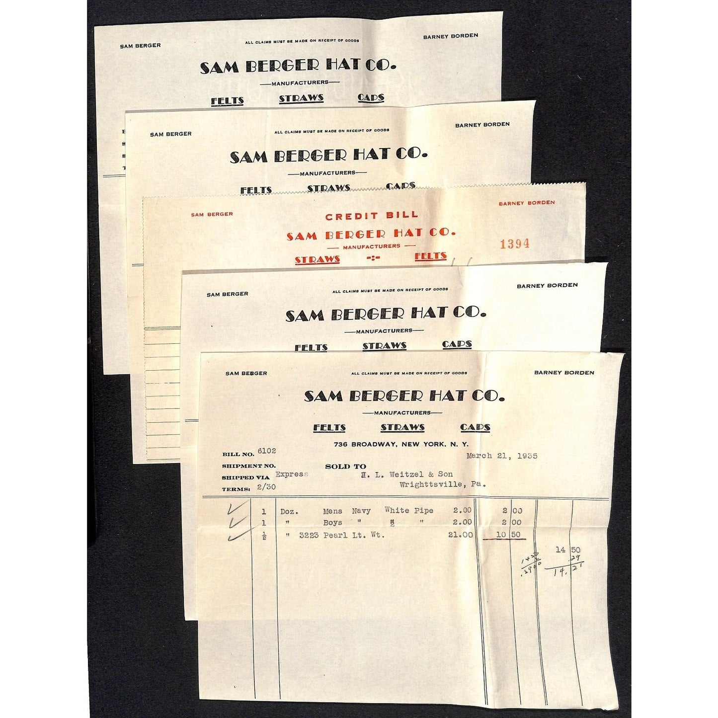 Sam Burger Hat Co. 736 Broadway NYC / Weitzel 1935 5 Billheads+ Cover