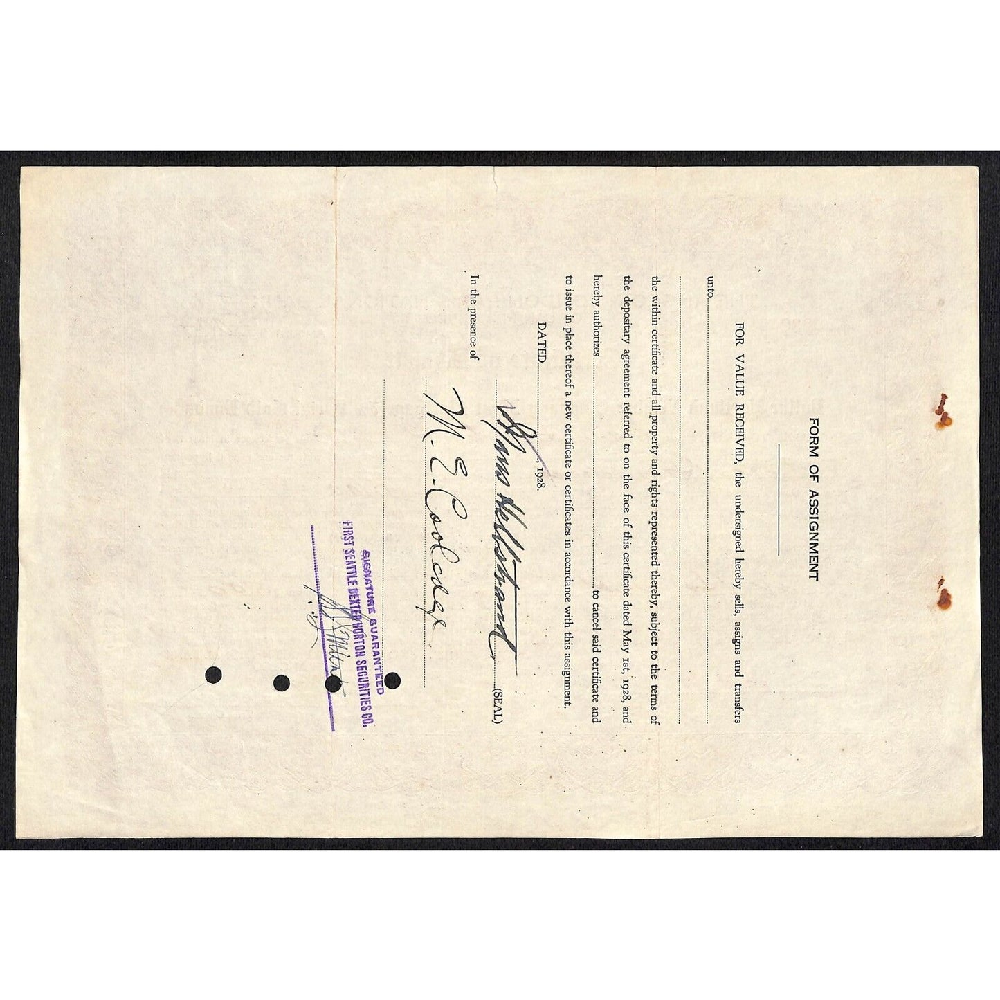 Anglo & London Paris National Bank of S.F. 1928 Certificate Deposit Hellstrand ?