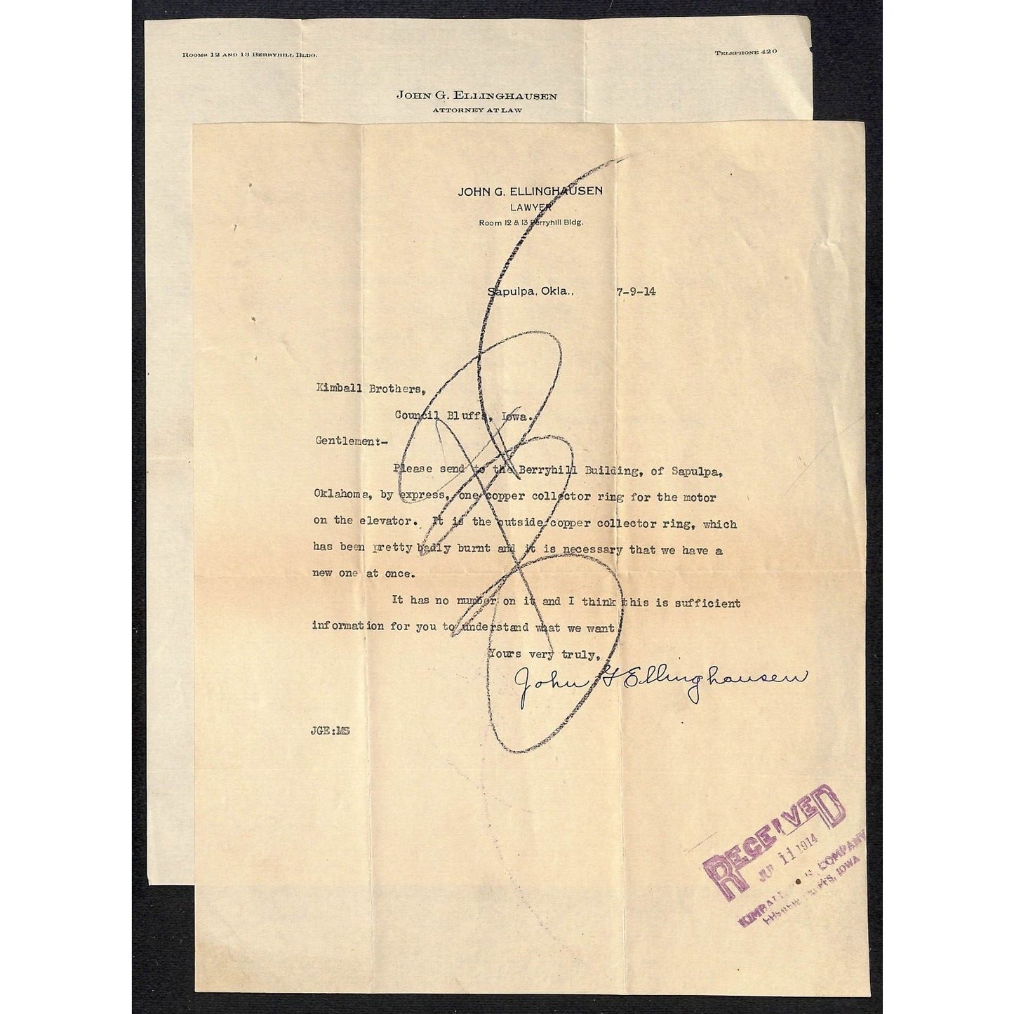 5 1911-1915 Letterheads John G. Ellinghausen Lawyer to Kimball Bros. Elevator