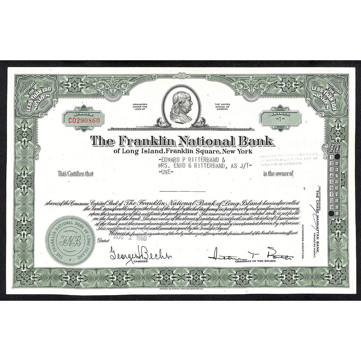 The Franklin National Bank * NY 1960 Stock Certificate Edward P. Ritterband