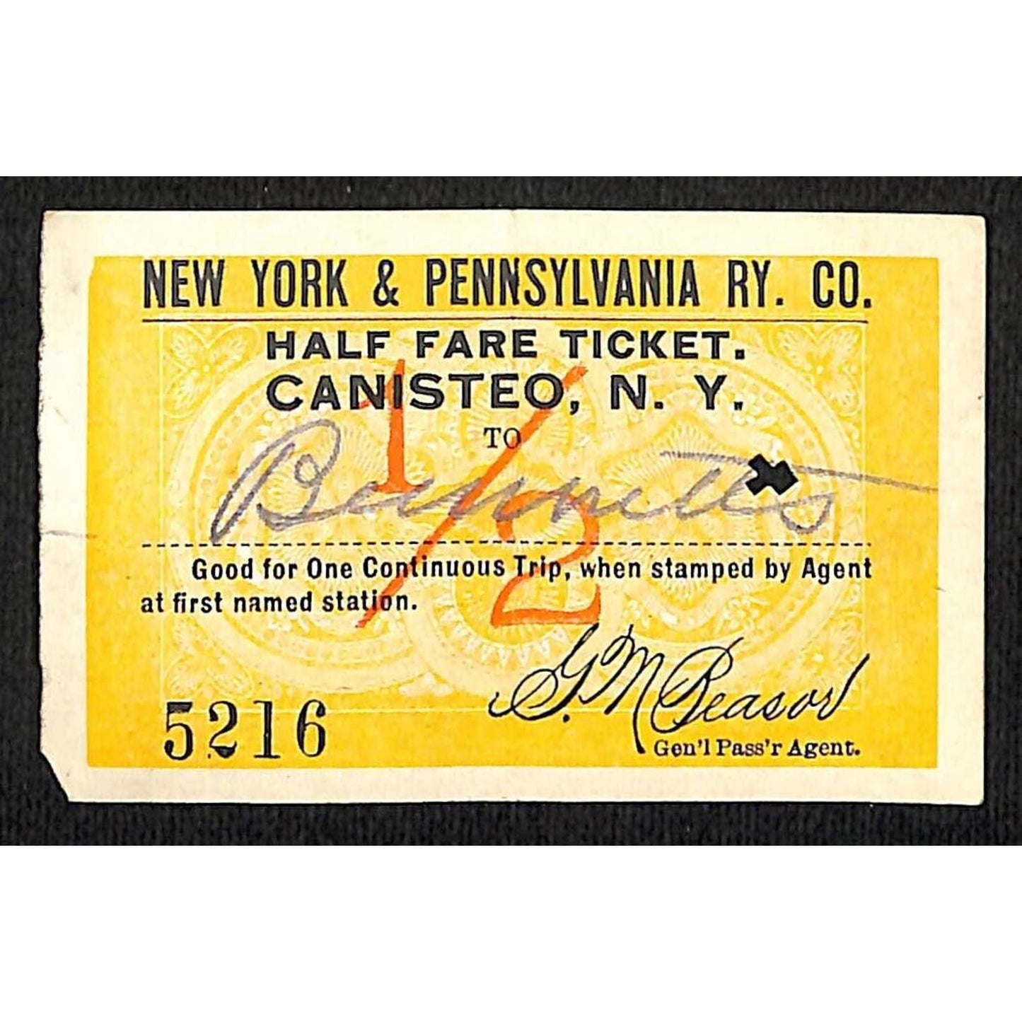 New York & Pennsylvania Railroad RY July 3 1917 Bennetts Ticket #5216