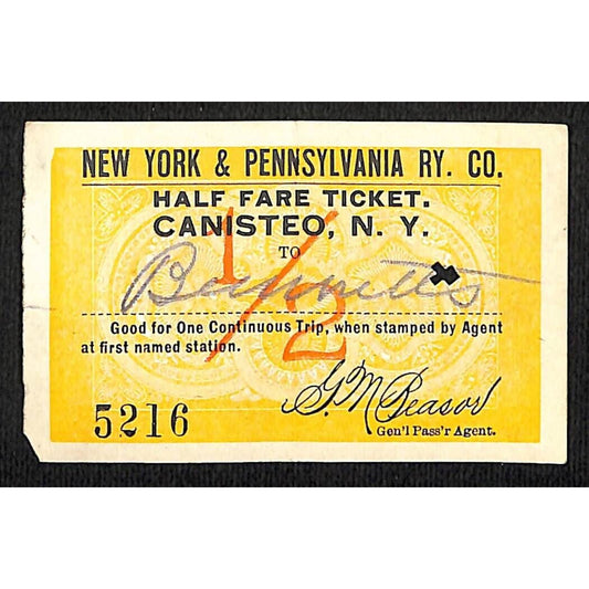 New York & Pennsylvania Railroad RY July 3 1917 Bennetts Ticket #5216