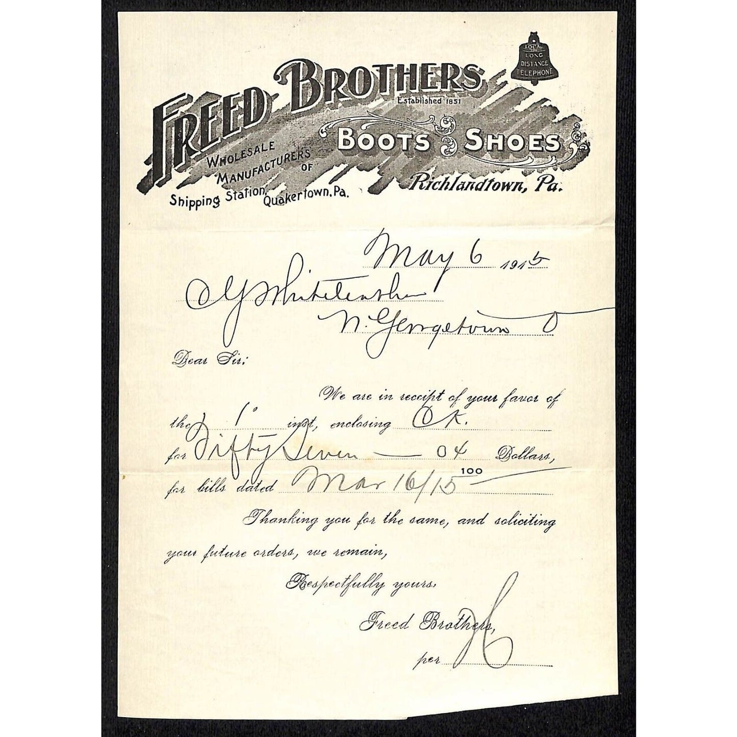 Freed Brothers Richlandtown, PA 1915 Receipt Whiteleather* / Bell System