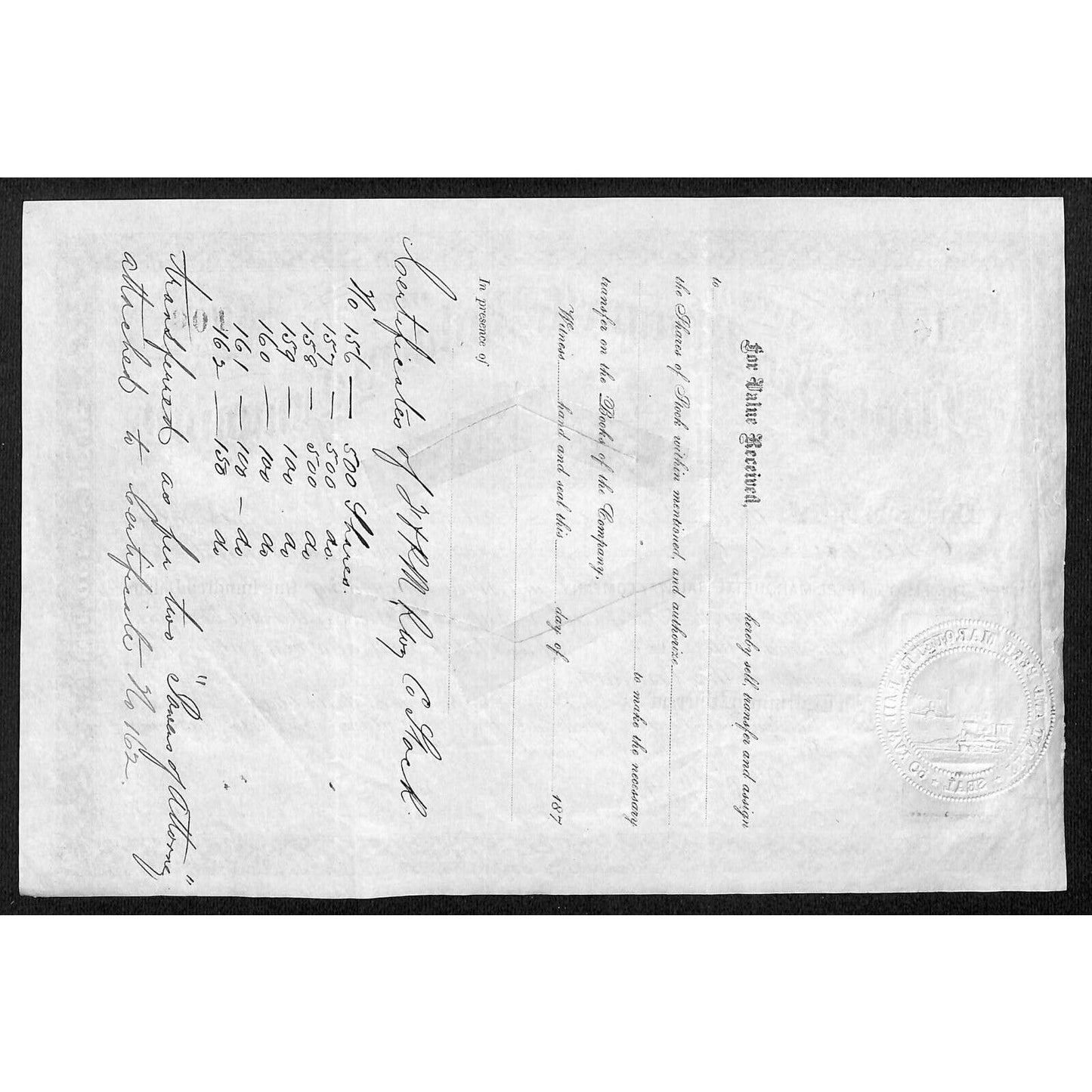 Flint & Pere Marquette Railway 1872 Stock Certificate #160 w/ R112 Tax Stamp