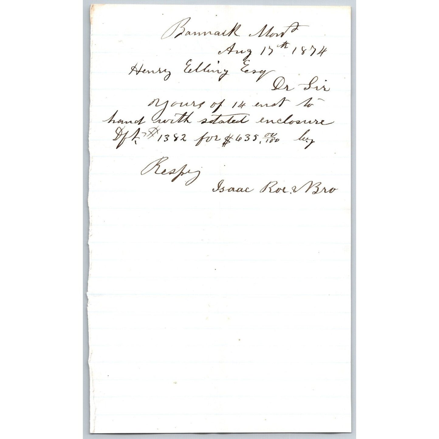 1874 ALS from Isaac Roe & Bro. (Bankers ) Bannack City, MT to Henry Elling* $635