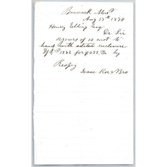 1874 ALS from Isaac Roe & Bro. (Bankers ) Bannack City, MT to Henry Elling* $635