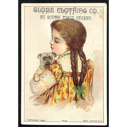 Globe Clothing Co. (Fall River, MA) Victorian Trade Card Girl with Boxer ? Dog
