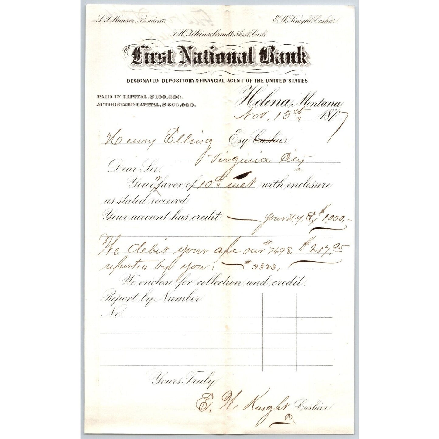 First National Bank Helena, MT 11/13 1877 Payment Advice Henry Elling*
