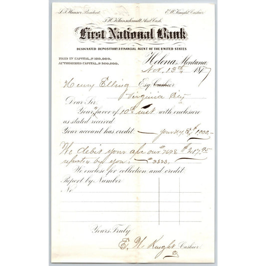 First National Bank Helena, MT 11/13 1877 Payment Advice Henry Elling*