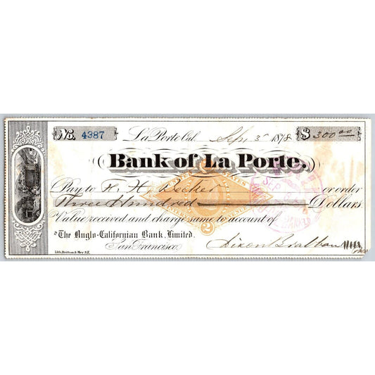 Bank of La Porte Check Frank H. Becker 1878 Mining Vignette RN-G1 Rev Stamp 4387