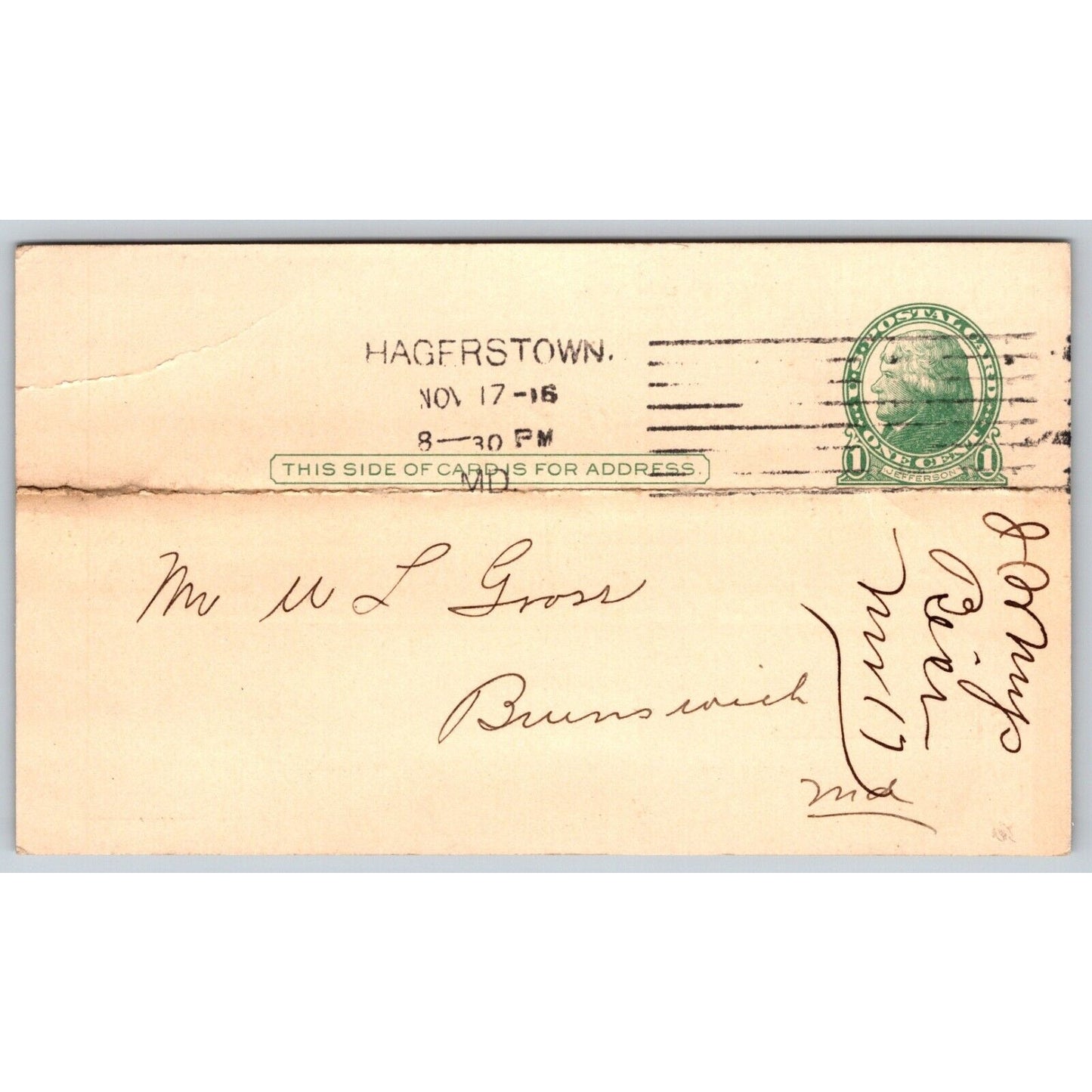 J.W. Meyers Wholesale Groceries Hagerstown, MD 1916 Receipt Postcard