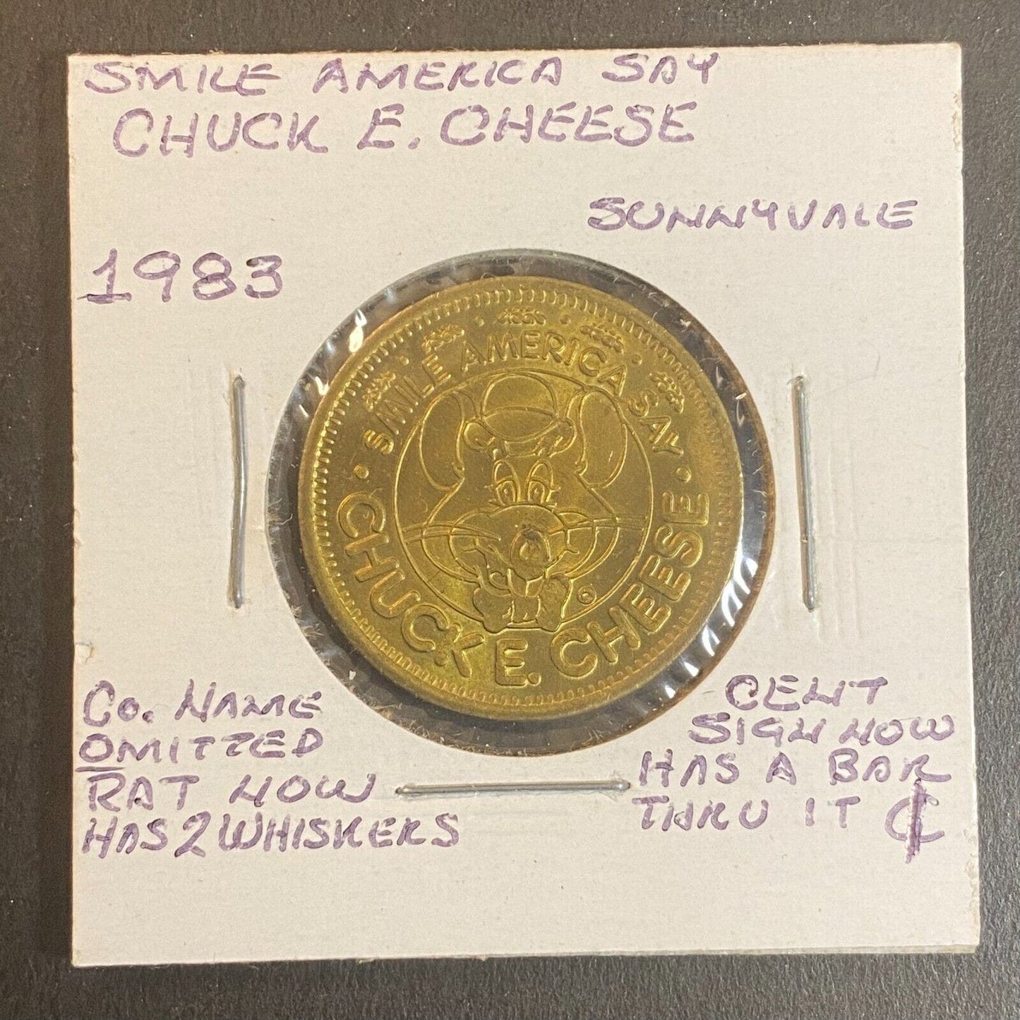 Chuck E. Cheese "Smile America" 25c 25mm 1983 Arcade Token Rat Whisker Change