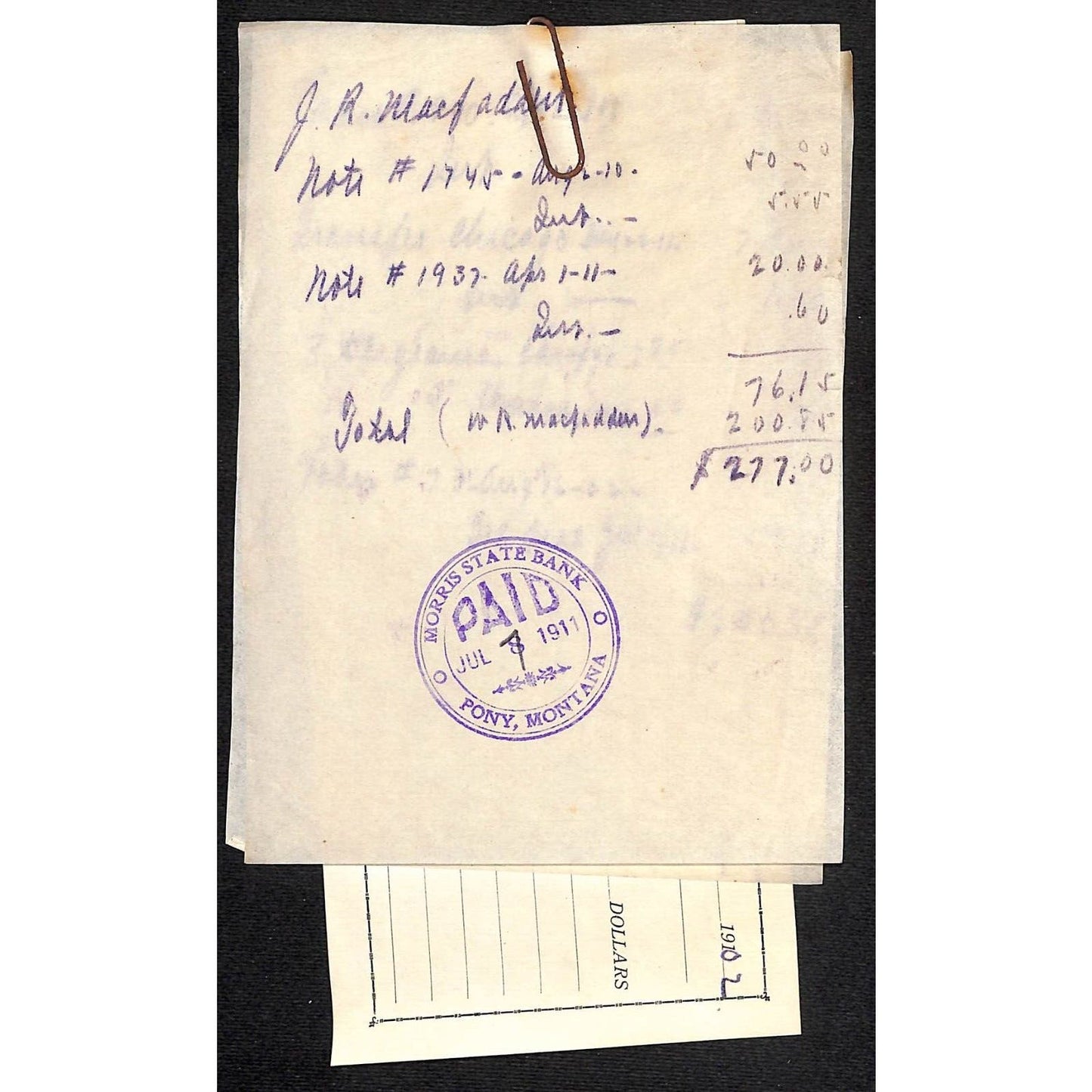 Pony Montana 1911 Morris State Bank Check & Attached Related Notes