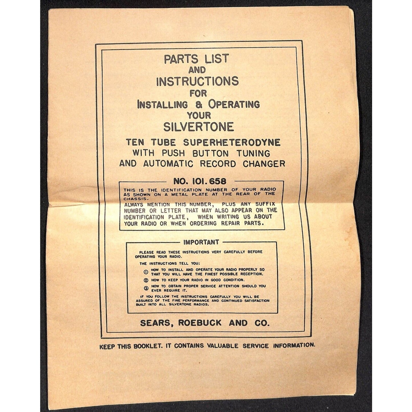 Sears, Roebuck c1931 Parts List & Instructions No. 101.658 Superheterodyne 12pp*