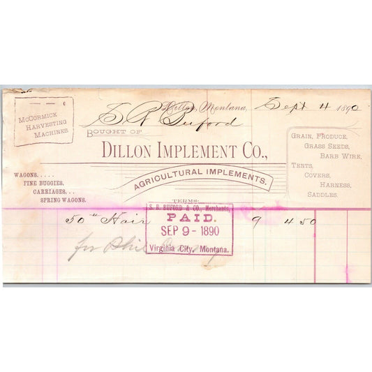 Dillon MT Dillon Implement 1890 McCormick Billhead S.R. Buford* Virginia City