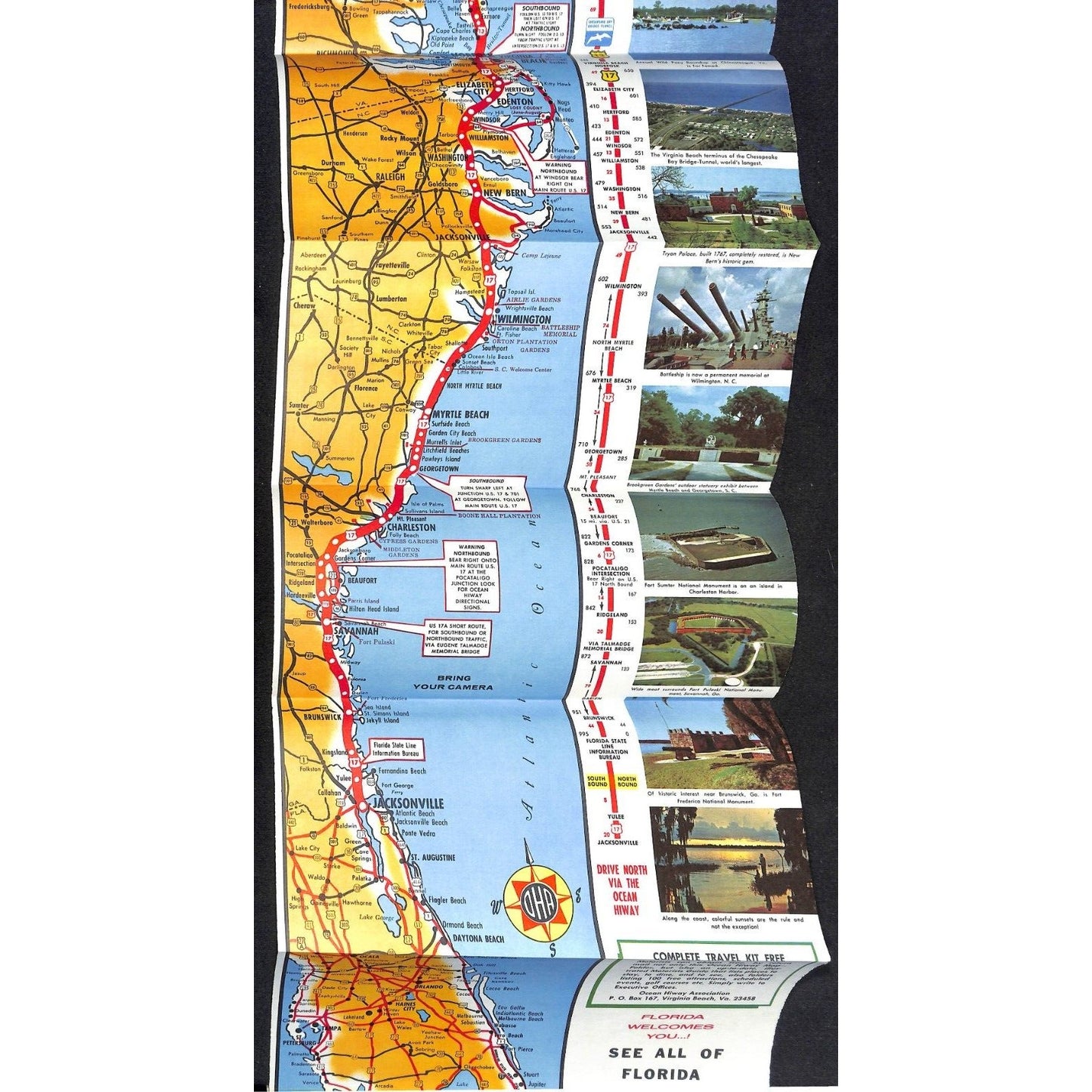 New York Ocean Hiway Florida 1968 Long Fold Out Travel Map / Brochure VGC