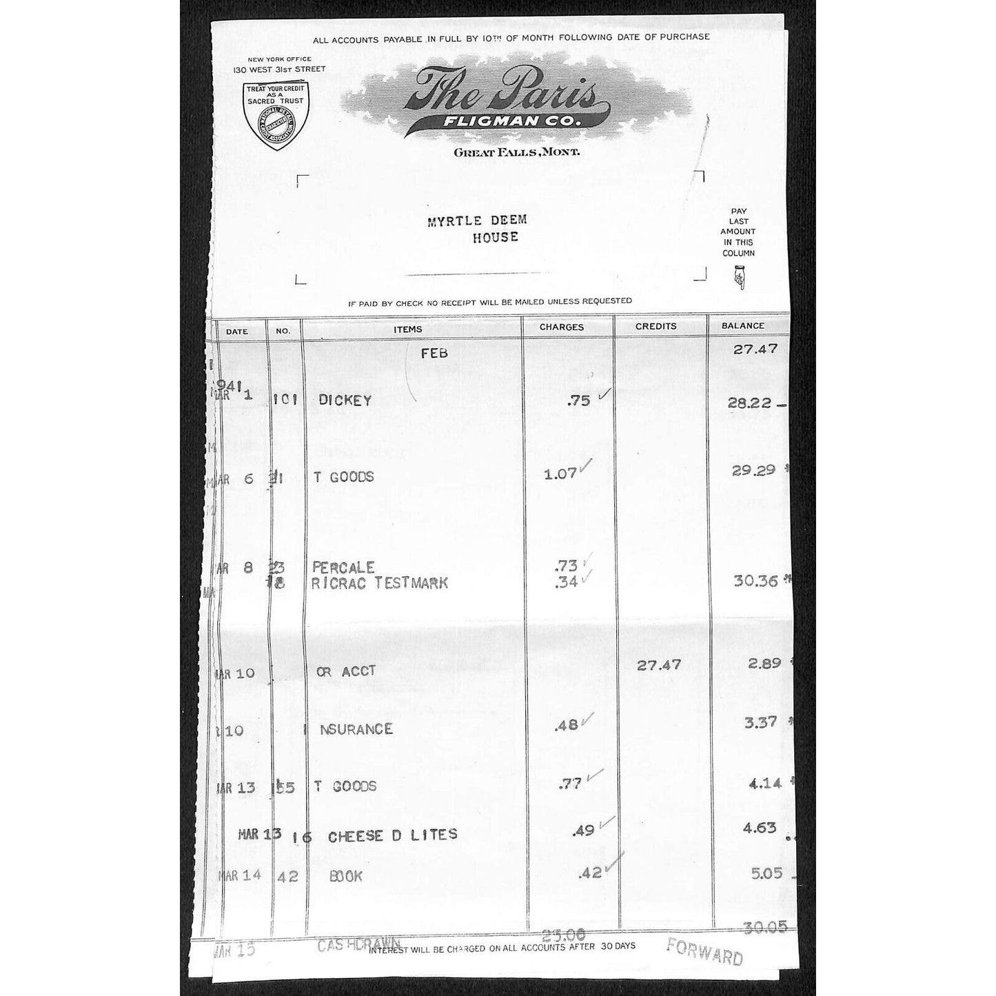 Great Falls, MT The Paris Fligman Co. 1941 2pp. Statement