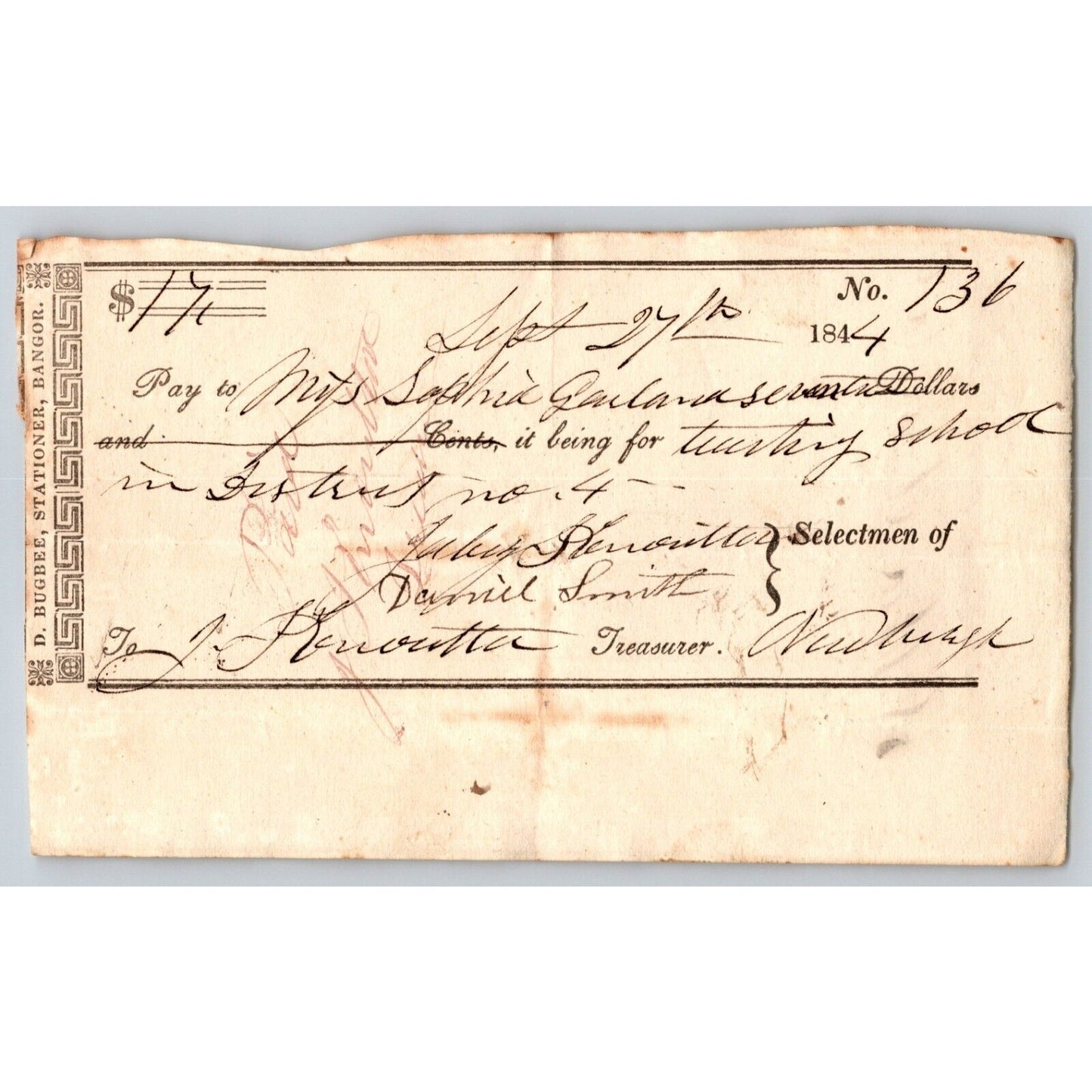 1844 Jabez Knowlton* Newburgh ME Town Check to Miss. Sarah Garland for Teaching