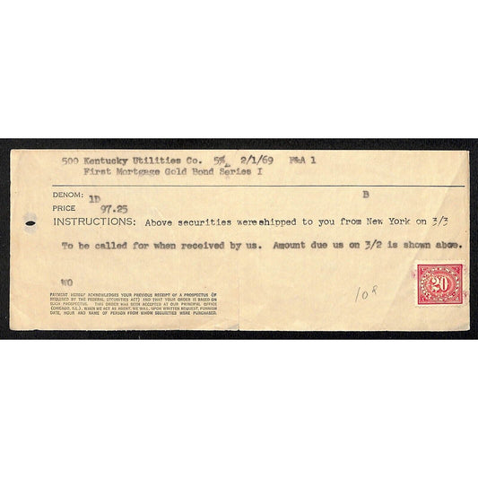 Halsey Stuart & Co. 500 Kentucky Utilities Co. 1969 Receipt w/ Tax Stamp