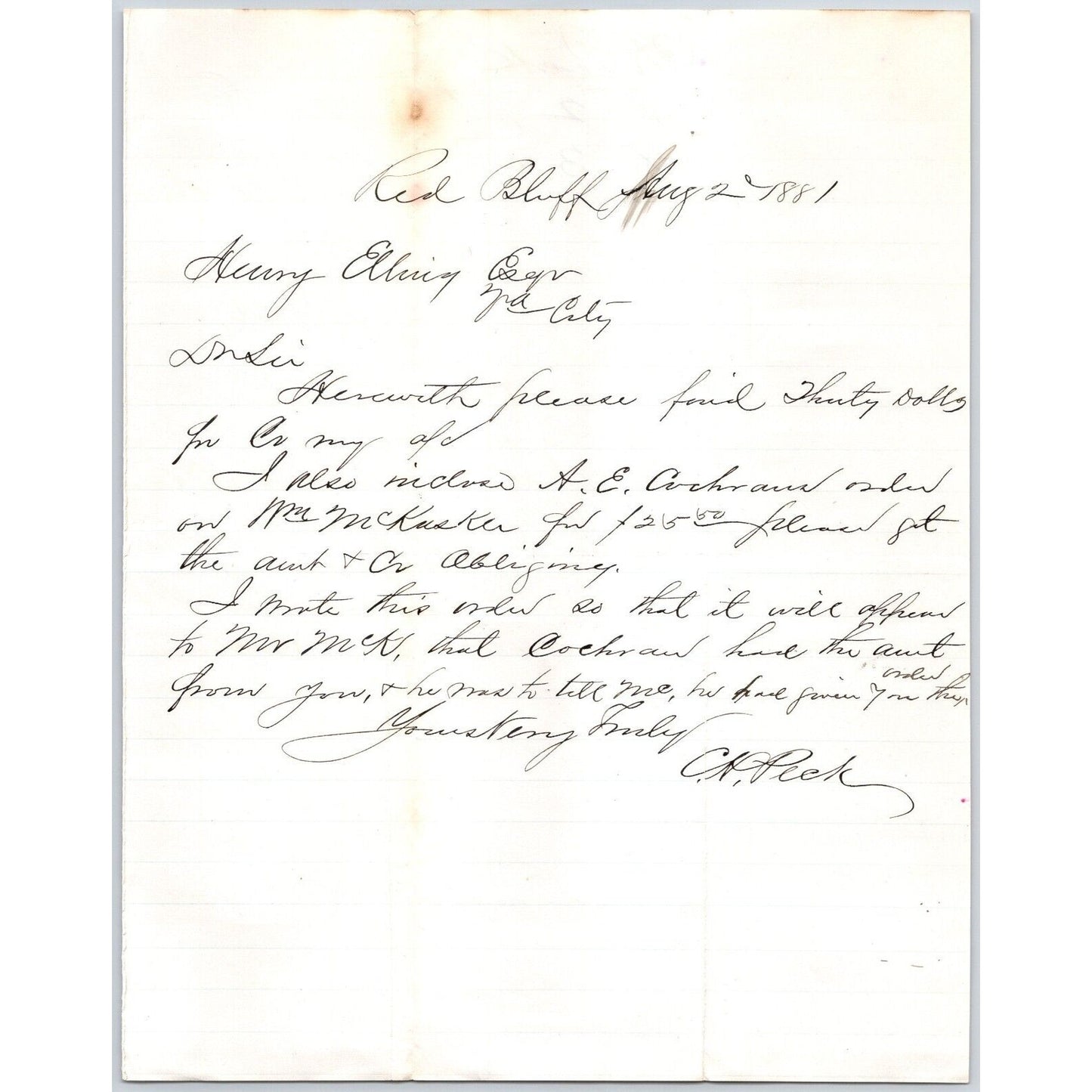 1881 C.H. Peck Red Bluff, MT ALS to Henry Elling* Virginia City, MT re: Payments