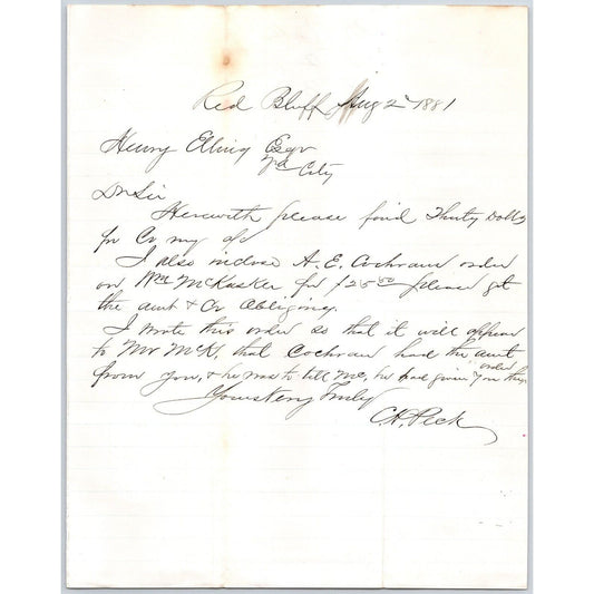 1881 C.H. Peck Red Bluff, MT ALS to Henry Elling* Virginia City, MT re: Payments
