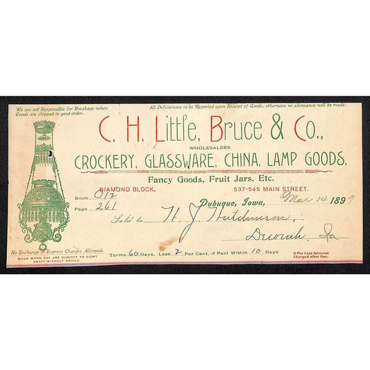 C.H. Little, Becker Co. Crockery Hutchinson Decorah, IA* Cut 1899 Billhead