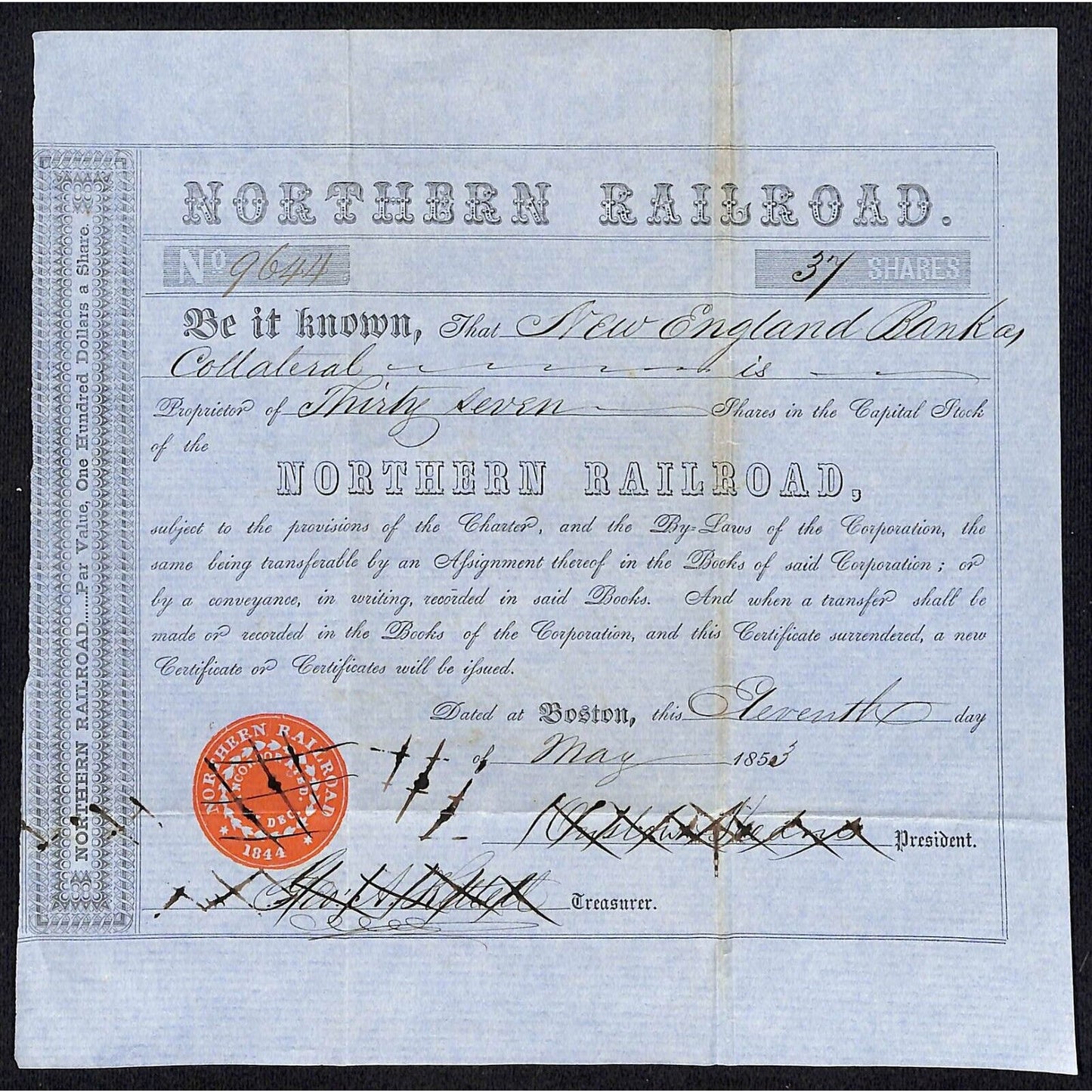 Northern Railroad 1853 Stock Certificate on Colored Laid Paper