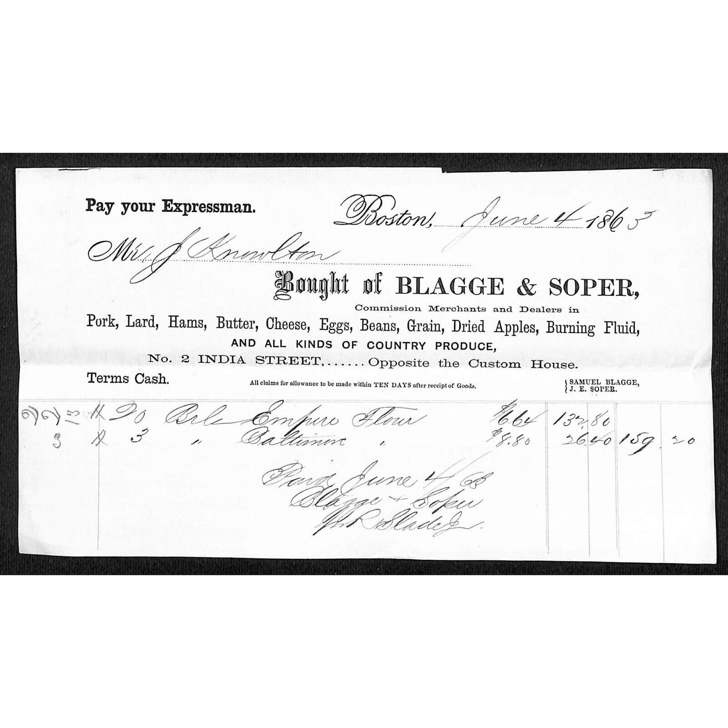 1863 Jabez Knowlton* Newburgh, ME Blagge & Soper Boston Produce Pork Billhead