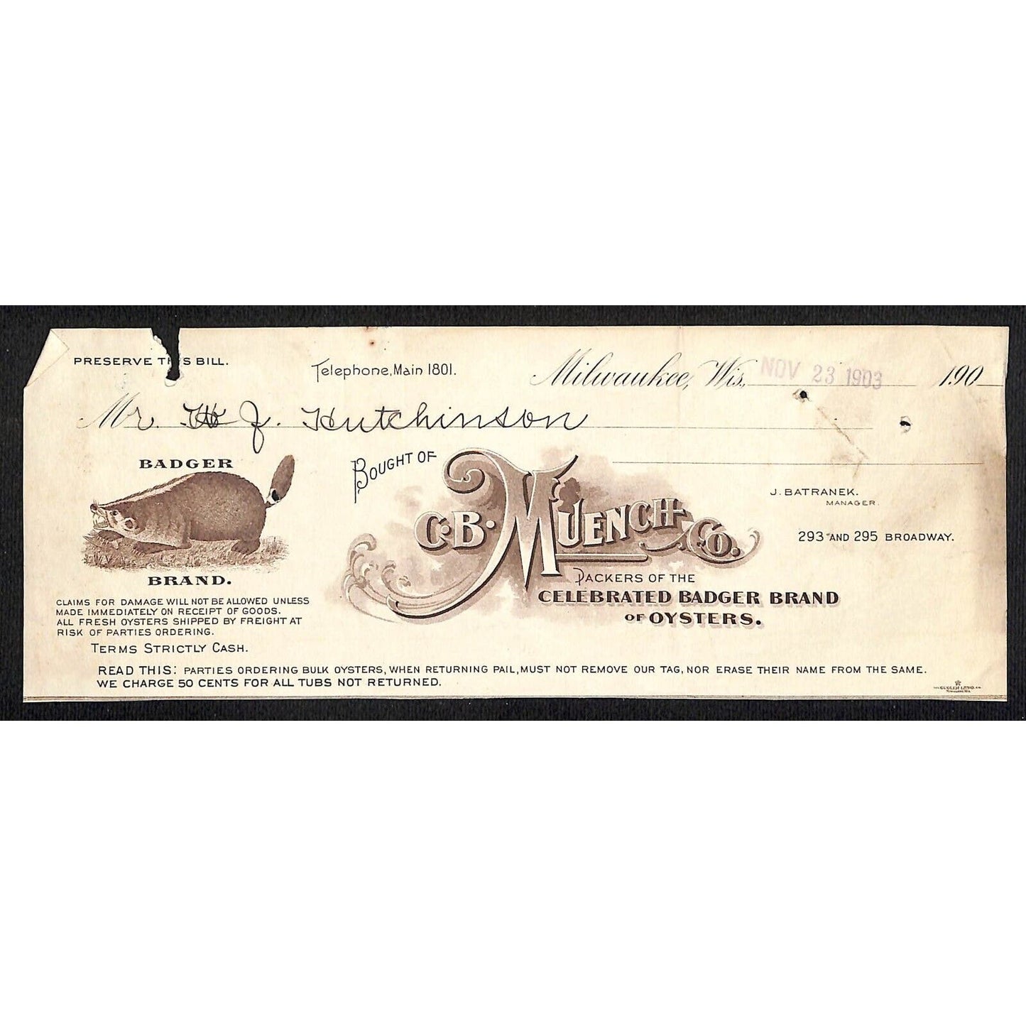 G.B. Muench Co Oysters Milwaukee Hutchinson Decorah IA* Cut 1903 Billhead Badger