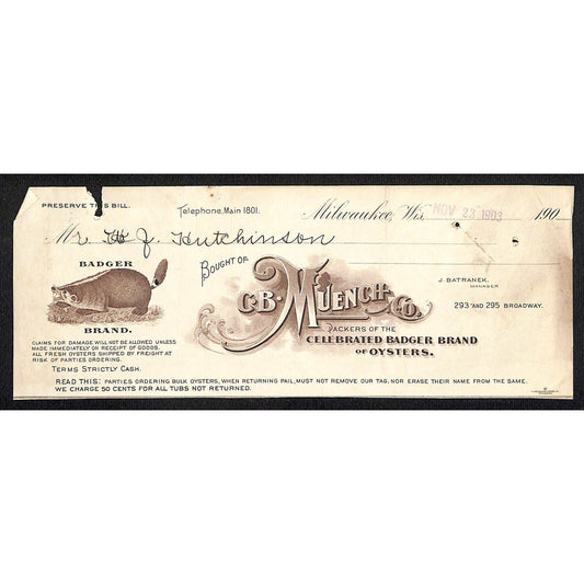 G.B. Muench Co Oysters Milwaukee Hutchinson Decorah IA* Cut 1903 Billhead Badger
