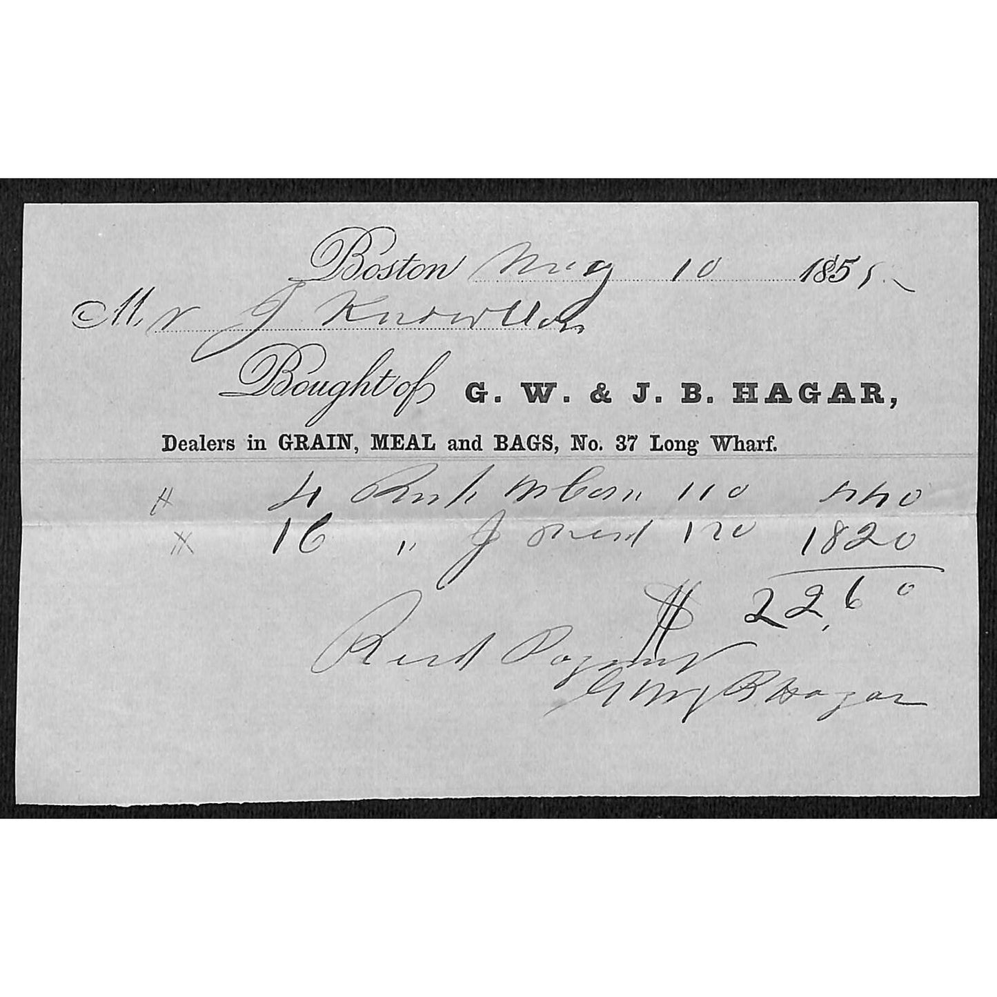 1855 Jabez Knowlton* Newburgh ME G.W. & J.B. Hagar Boston Meal & Grains Billhead