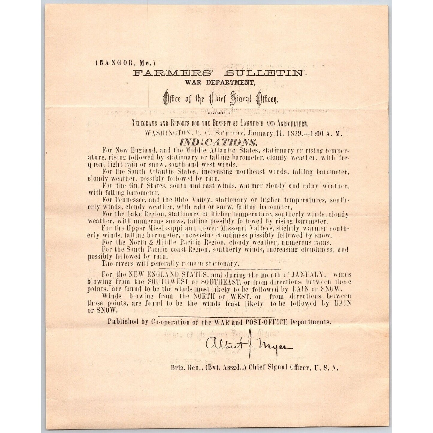 Bangor, ME Chief Signal Office, War Department Farmers' Bulletin Jan. 11, 1879