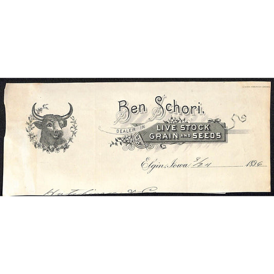 Ben Schori Live Stock Elgin, IA / H.J. Hutchinson* Decorah Cut 1896 Billhead