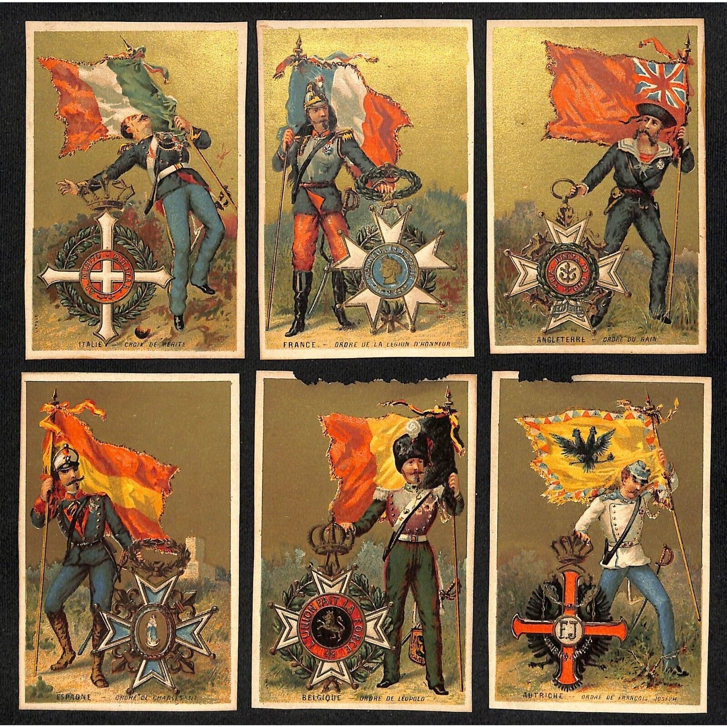 6 Victorian Patriotic (Trade Card-like) Country Flag Italy France Cards w/ Gilt