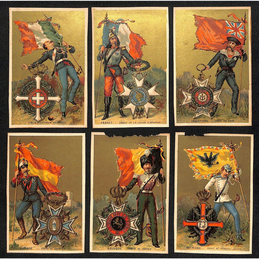 6 Victorian Patriotic (Trade Card-like) Country Flag Italy France Cards w/ Gilt