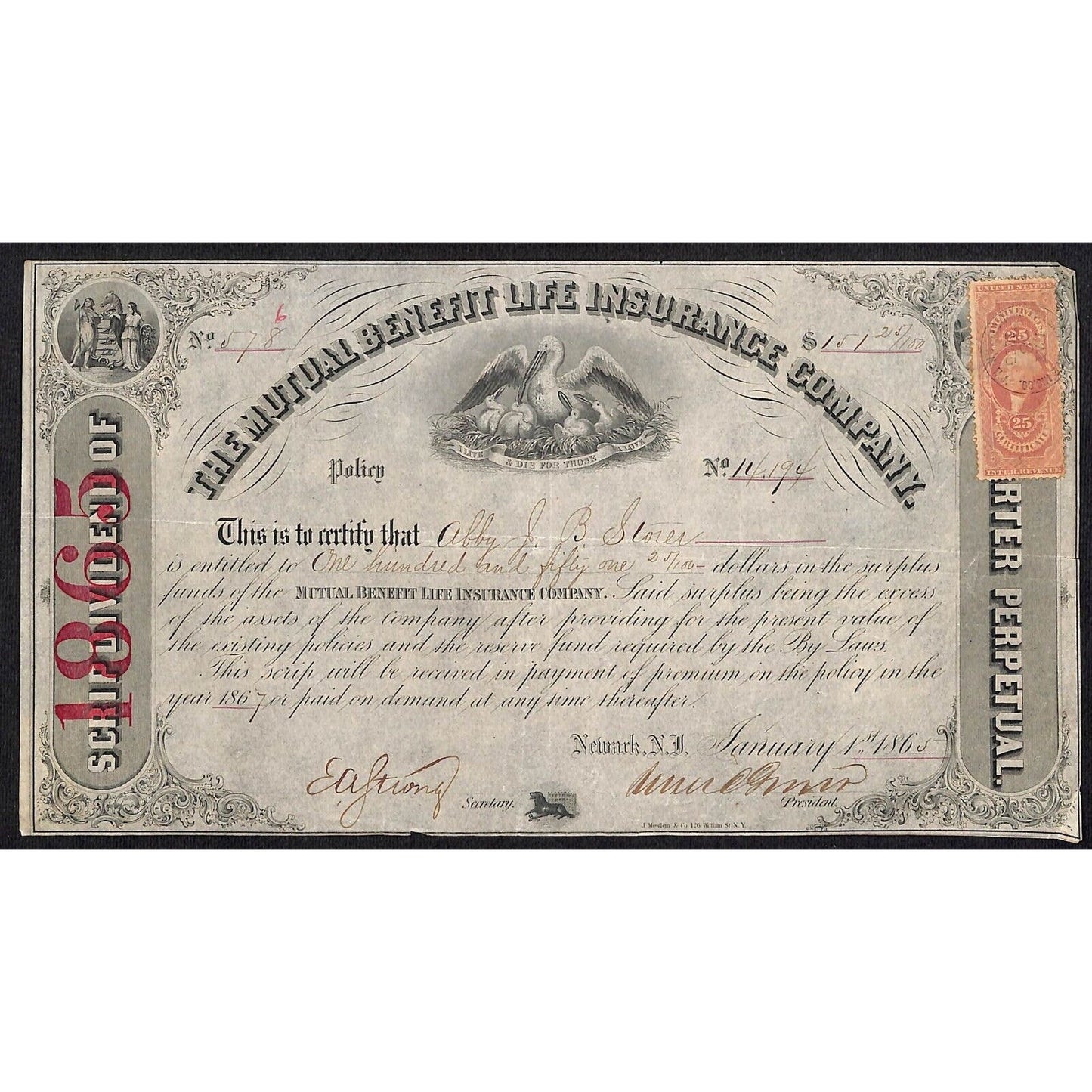 Mutual Benefit Life Insurance Co. 1865 Dividend Certificate to Abby J.B. ??