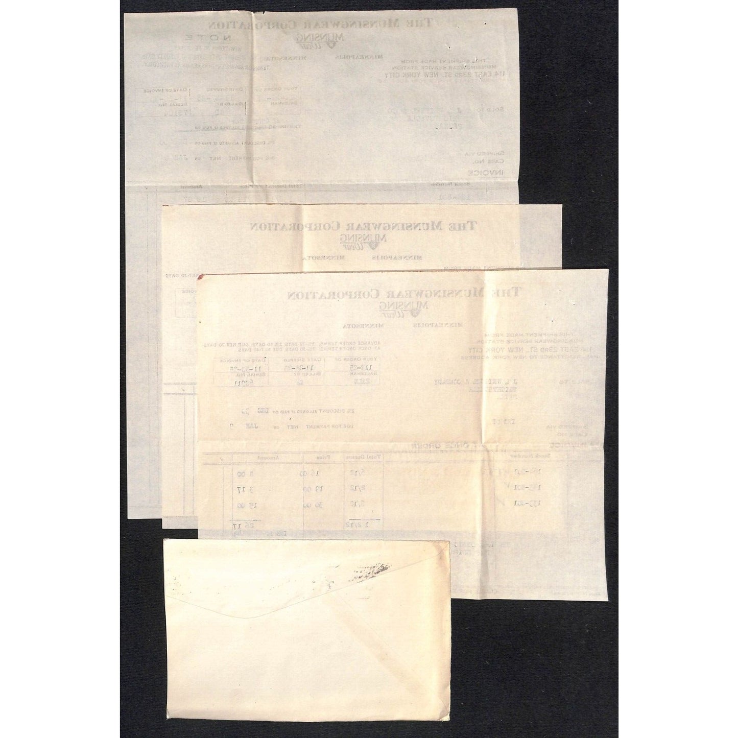 Munsingwear Munsing Wear (Underwear) 23rd St. NYC 1925 3 Billheads + Cover