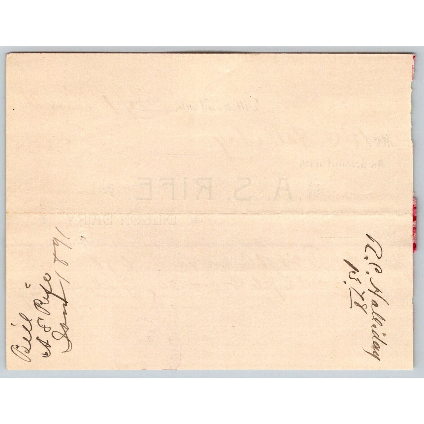 Dillon, MT A.S. Rife Dillon Dairy 1891 Billhead 79 Quarts of Milk R.C. Halliday*