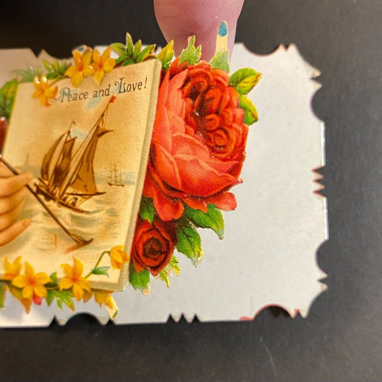 Ellen Spencer" Victorian Hidden Name Card "Peace and Love" Woman Paints Sailboat