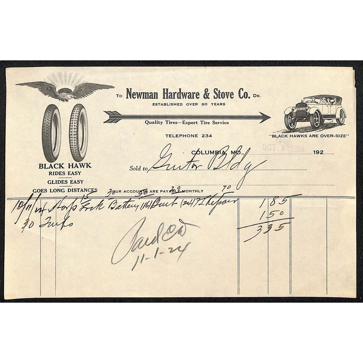 Black Hawk Tires / Newman Hardware Store & Stove Co. Columbia, MO 1924 Billhead