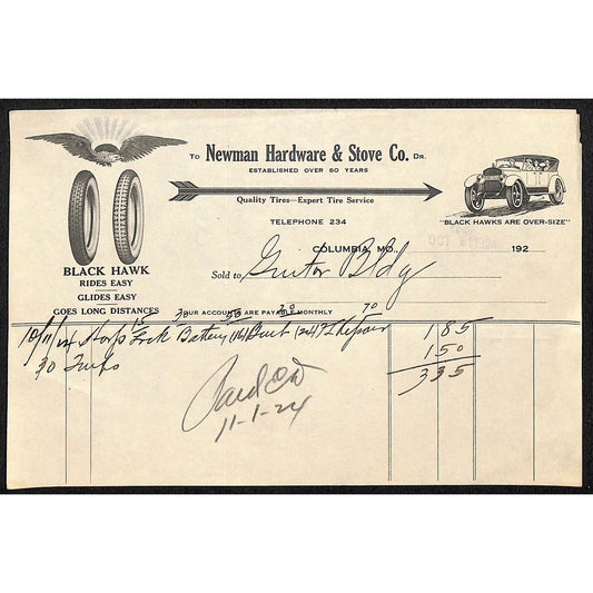 Black Hawk Tires / Newman Hardware Store & Stove Co. Columbia, MO 1924 Billhead