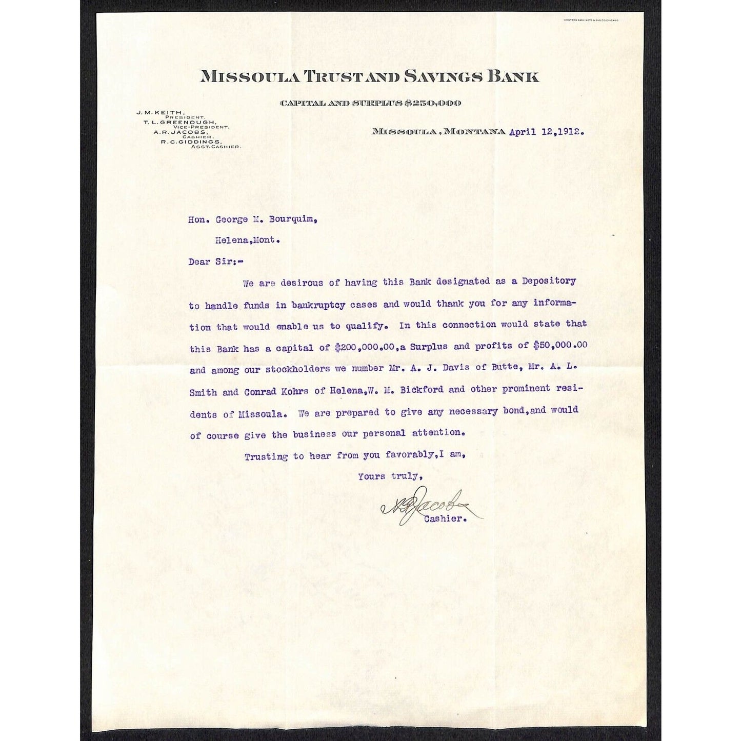 1912 Missoula Trust and Savings Bank TLS to Letterhead / George M. Bourquin