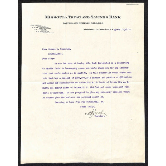 1912 Missoula Trust and Savings Bank TLS to Letterhead / George M. Bourquin