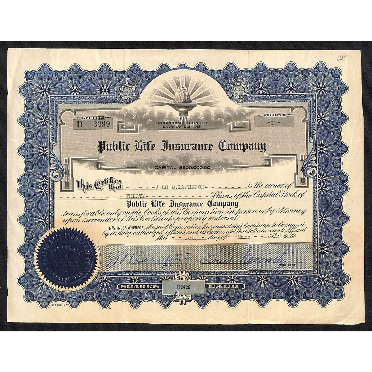 Public Life Insurance Co. Illinois 1922 Stock Certificate John B. Lawrence