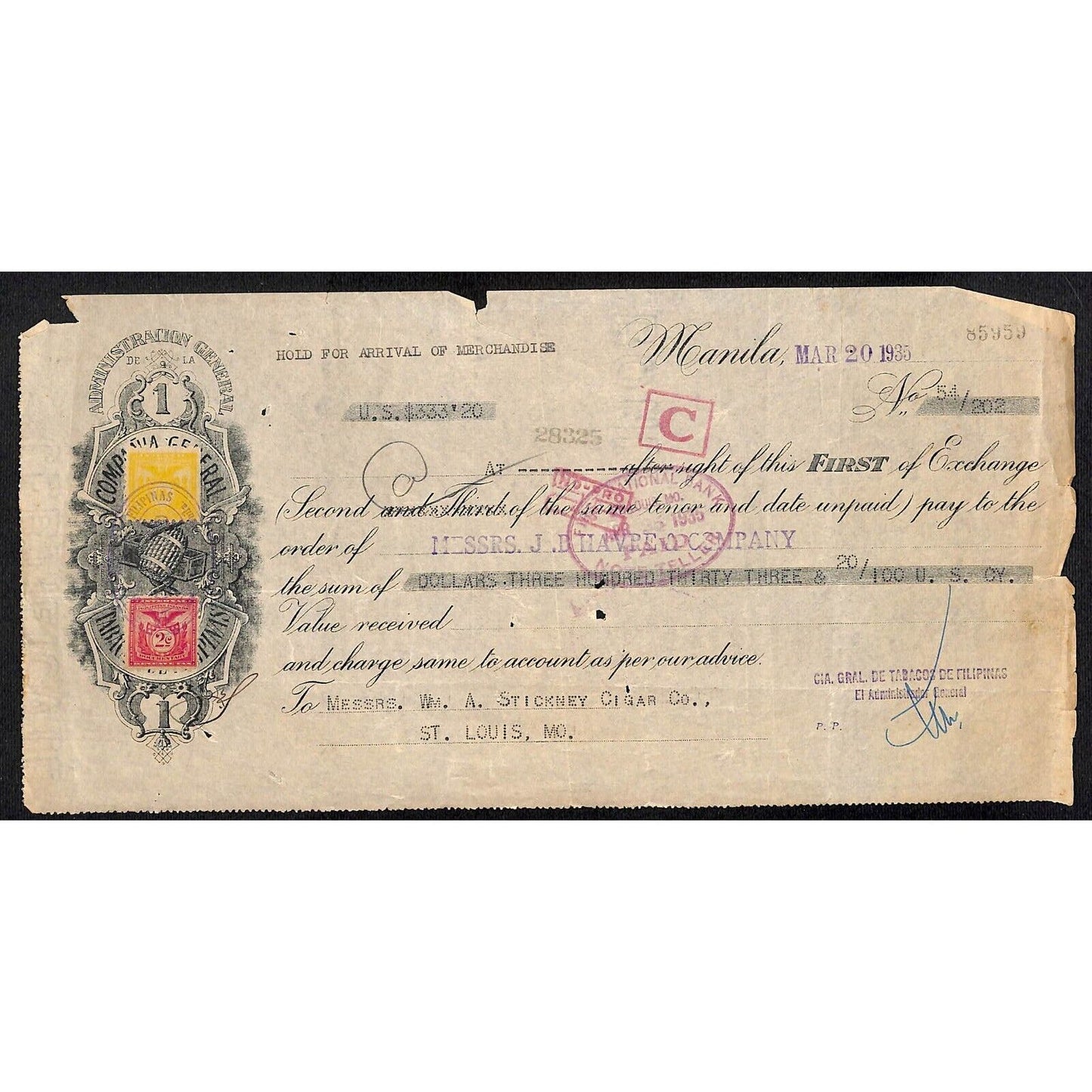 1935 Manila J.B. Harve & Co. / Stickney Cigar Co. First of Exchange #85959