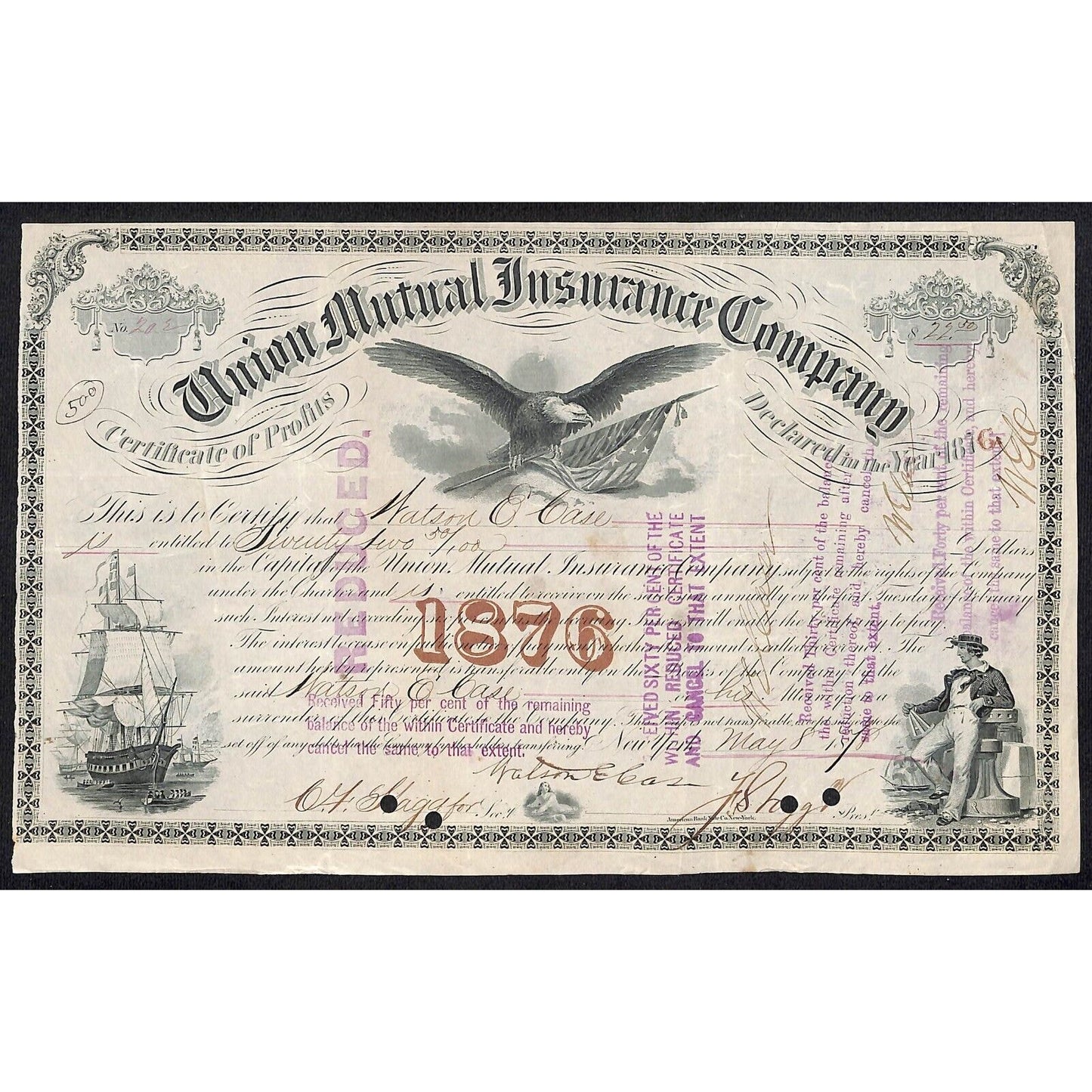 Union Mutual Insurance NY 1876 "Certificate of Profits" to Watson E. Case