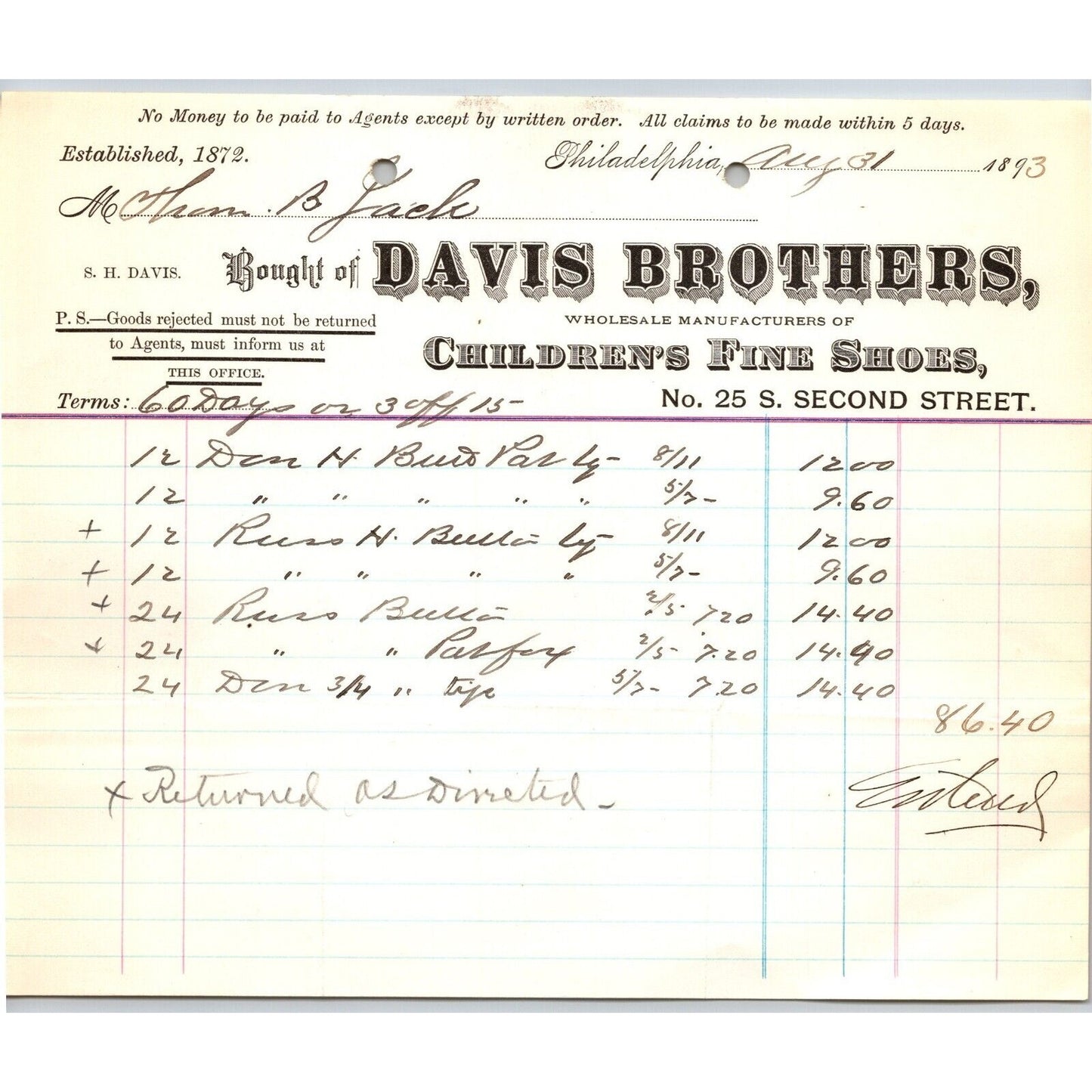Davis Brothers Children's Fine Shoes Philadelphia 1893 Billhead VGC Scarce