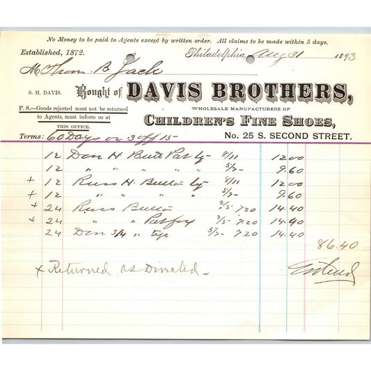 Davis Brothers Children's Fine Shoes Philadelphia 1893 Billhead VGC Scarce