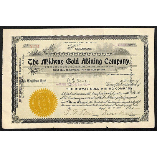 Midway Gold Mining Co. 1905 Stock Certificate w/ Warren Woods Sig. #2352
