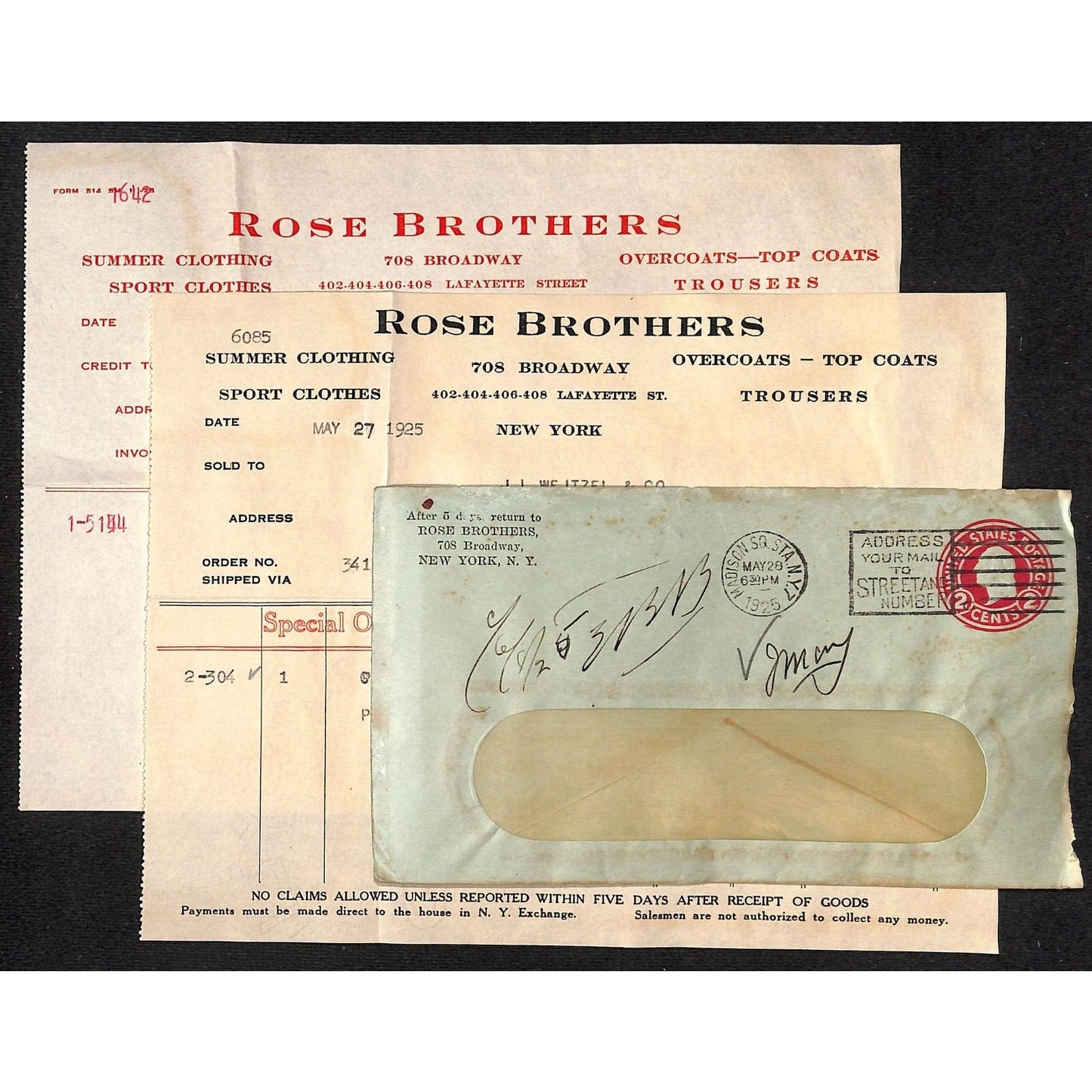 Rose Brothers (Clothes) Broadway NYC 1925 Billhead + Cover (#3)